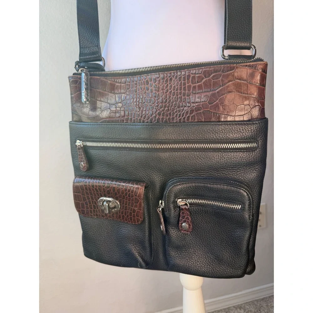 Brighton Black Brown Leather Croc Embossed Crossbody Bag E297898